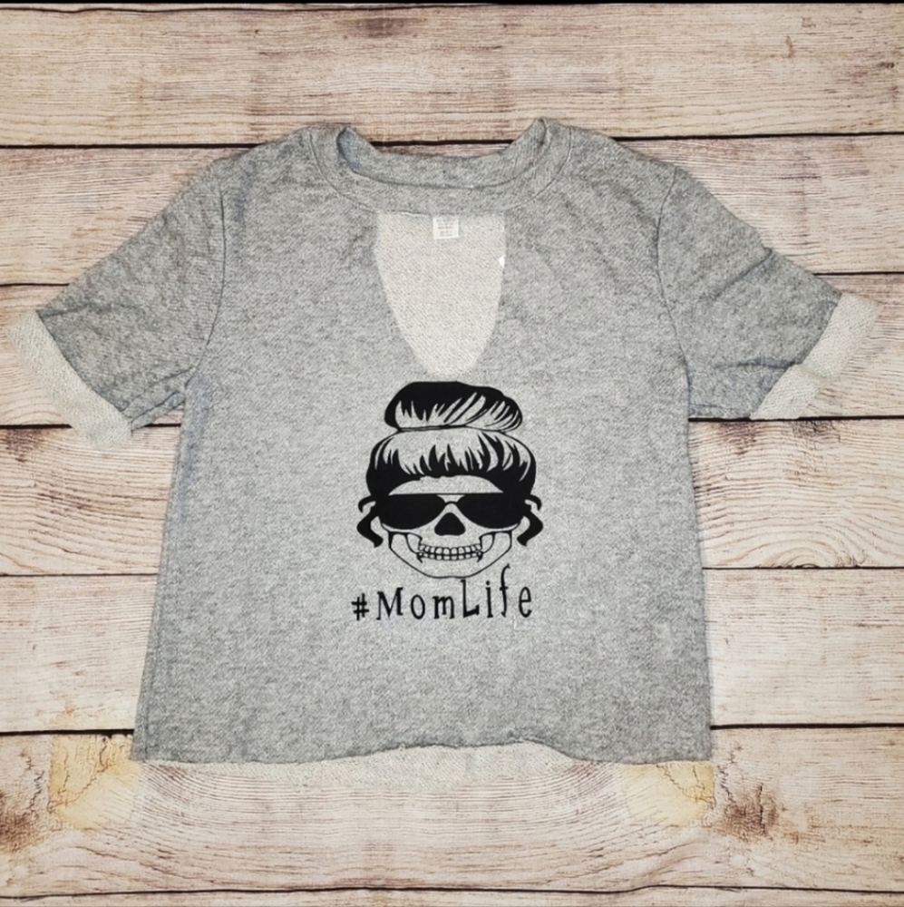 Mom life skull messy bun keyhole sweatshirt cropped tee shirt